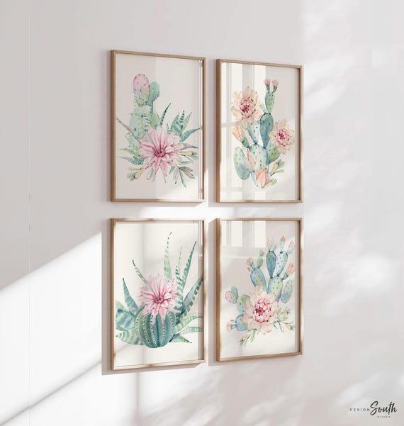Cactus Nursery Decor Prints: Pink Floral Watercolor Art, Set of 4