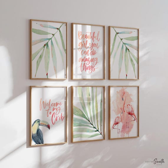 Tropical baby girl room, quote for little girls, tropical pink flamingo gallery wall, toucan welcome to my crib, pink and green nursery palm