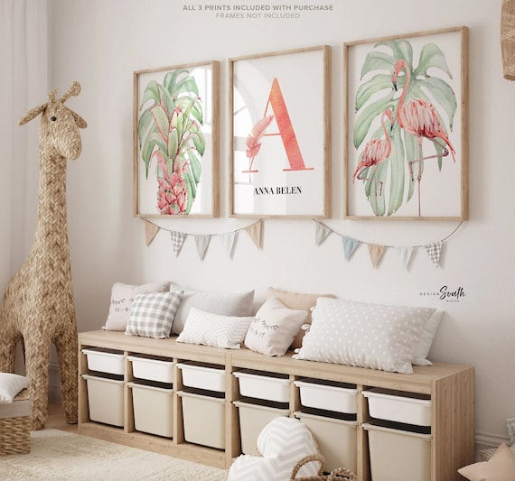Tropical flamingo nursery, pink green nursery tropical baby, monstera leaf tropical theme baby, trendy nursery wall art decor baby girl gift
