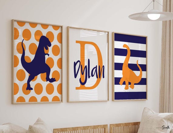 Dinosaur decor with name navy blue, children's playroom wall decor, dinosaur playroom wall art, big boy navy kids wall, personalized gift