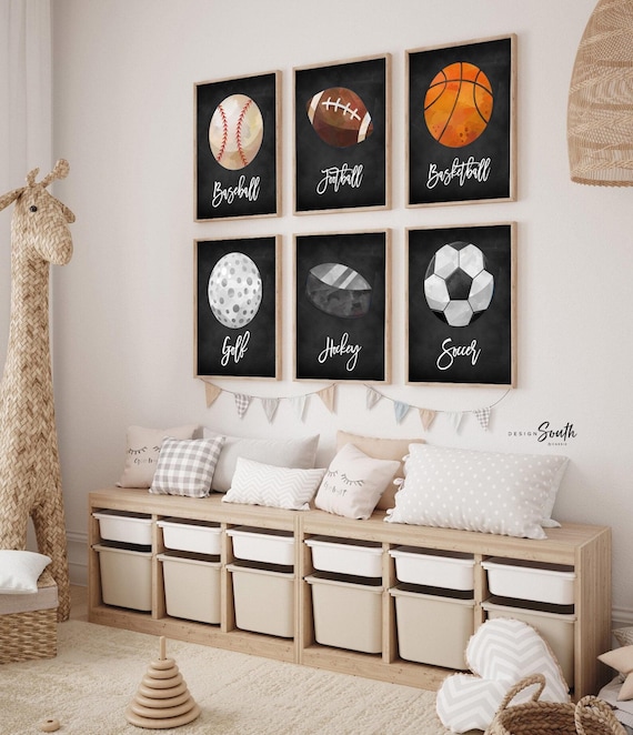 Sports wall art theme, sports decor for boy room, baseball basketball football golf hockey soccer ball, playroom wall athlete kid wall decor