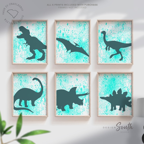 Aqua teal blue boy bedroom decor, wall art for boys aqua teal dinosaurs, wall collection of dinosaurs, turquoise boy bedroom, toddler prints