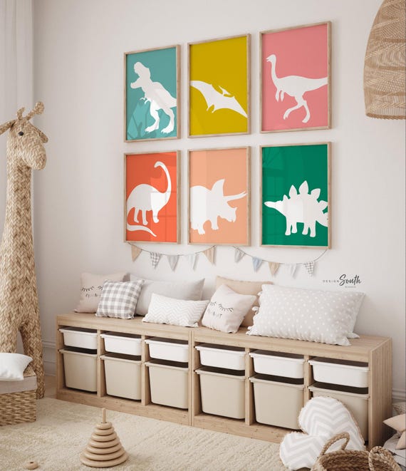 Dinosaur posters for kids, dinosaur posters for toddlers, wall art for children dinosaur themed, types of dinosaurs art set, retro dinosaurs