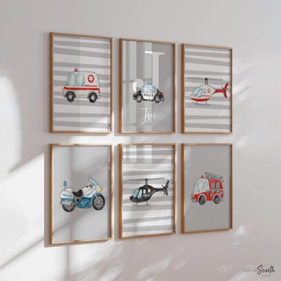 Rescue vehicle wall art set of 3, emergency trucks nursery prints, toddler boy room decor, transportation theme kids bedroom art