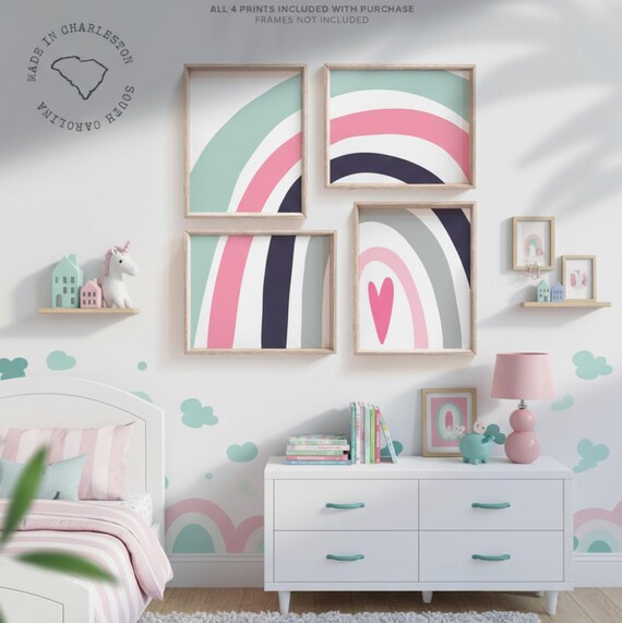 Girl Rainbow Nursery or Bedroom Decor: Pink, Teal and Navy Blue Prints