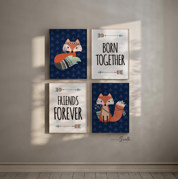 Twin nursery art, twin nursery decor, boy girl twins woodland, twin decor, twin art, nursery wall art for twins, twin foxes, born together