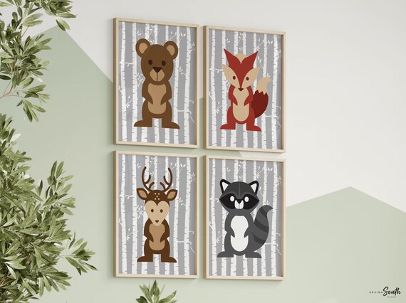Playroom art, woodland big boy bedroom, boy bedroom art prints, woodland kids decor, children's animal wall art, bear fox deer big boy room
