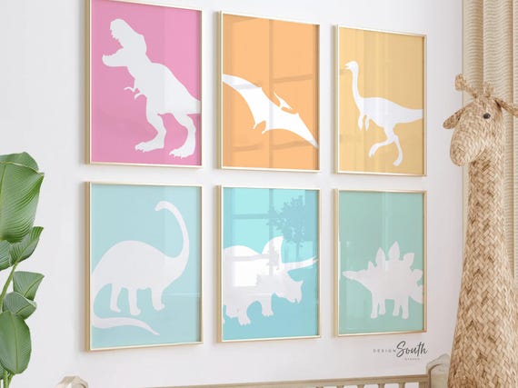 Pastel dinosaur decor, pastel dinosaur party gift, dinos kids colorful, dinosaur themed, girl dinosaur, nursery decor pink dinosaur wall art