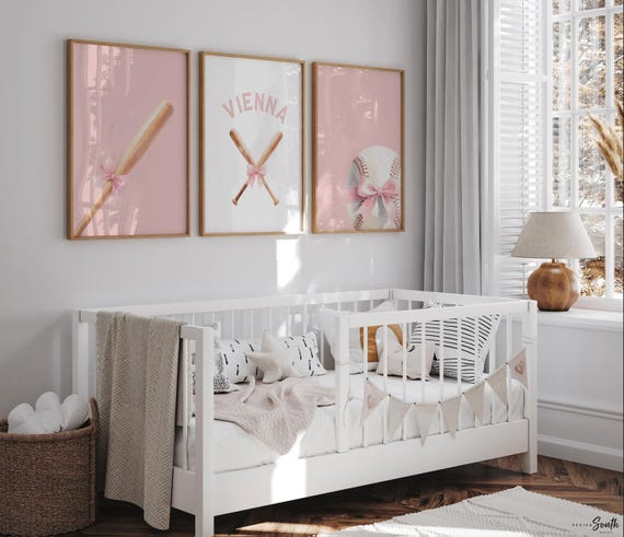 Personalized Softball Girl Nursery Art – Pink Watercolor Prints