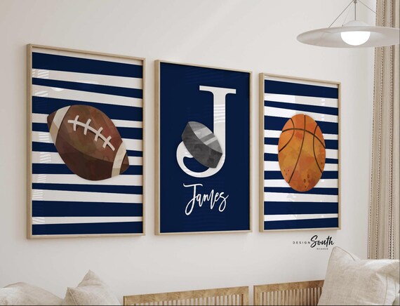 Sports personalized gift for boy, sports theme nursery, boys name art prints sports, basketball hockey football name decor navy blue stripes