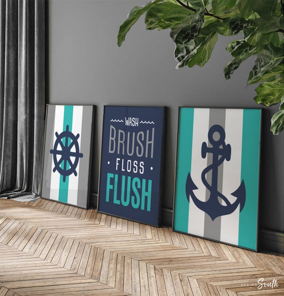 Boys turquoise teal gray bathroom decor, nautical boys bathroom, boys bathroom wall art anchor ship wheel nautical, baby boy nautical decor