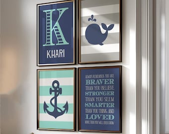 Nautical Nursery Decor: Gray, Navy & Aqua Prints (Set of 4)