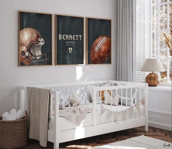 Personalized Football Wall Art Set of 3, Distressed Vintage Sports Prints with Custom Name & Future All Star Detail, Boys Room Decor