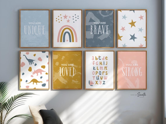 Little girl bedroom decor, girl dinosaur theme, pink and blue toddler room, alphabet print set for playroom or bedroom, inspiring art prints