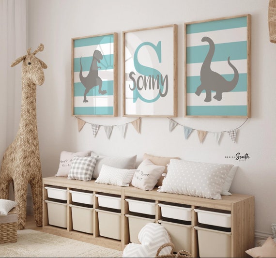 Dinosaur nursery art for child, aqua blue and gray dinosaur room decor, baby dinosaur gift, wall art children, personalized name art toddler