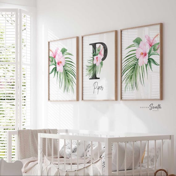 Girl nursery decor, palm leaf tropical theme nursery art, jungle theme botanical baby girl wall, coastal nursery decor, pink tropical decor