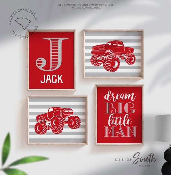 Big boy bedroom red big truck themed wall art, red monster truck, toddler dream big little man, kids truck boy art, red and gray truck theme