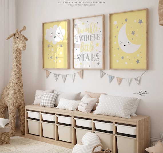 Yellow and gray twin nursery decor, boy/girl shared nursery art, twin wall boy/girl room decor, twin silver sparkles stars celestial theme