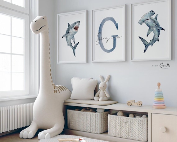 Personalized Watercolor Shark Nursery Art Prints, Ocean Bedroom Decor