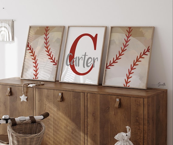 Vintage Baseball Nursery Art: Red, Gray & Beige Prints