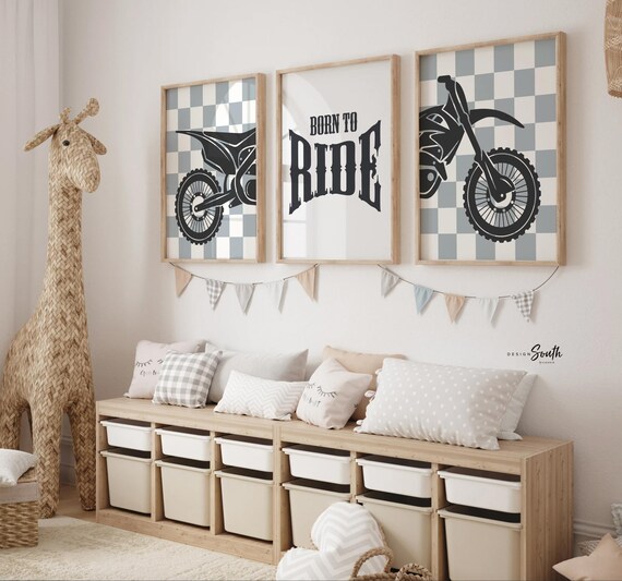 Dirt Bike Nursery Art: Gray Checkered Motocross Prints, 'Born to Ride'