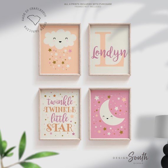 Boho baby girl nursery, twinkle twinkle little star boho colors, peach baby girl nursery, wall decor personalized name boho moon star baby