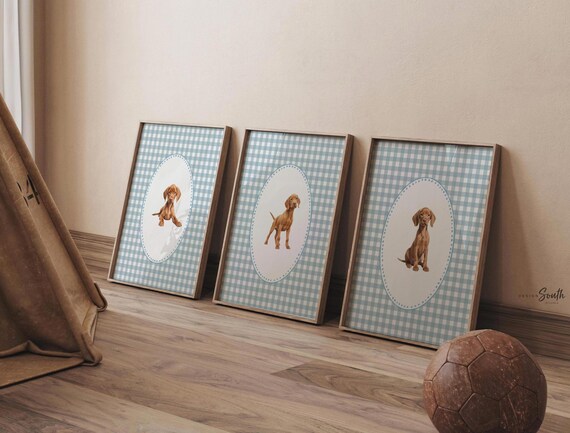 Vizsla Puppy Nursery Prints: Blue Gingham Dog Wall Art Set