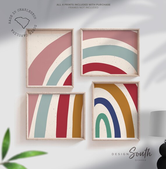 Neutral nursery wall decor muted rainbow tones abstract prints, childrens playroom art prints, rainbow baby shower gender neutral theme gift
