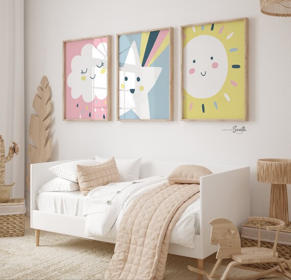 Sunshine nursery art, sunshine themed nursery decor, kids playroom wall ideas, baby shooting star art print set, pastel sun shooting star