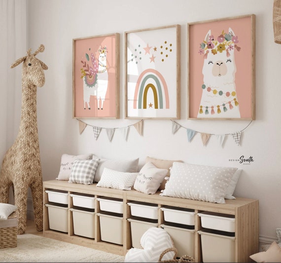 Boho nursery decor, boho nursery wall art idea, print set llama mauve pink succulents, llama themed baby room, wall decor girl bedroom llama