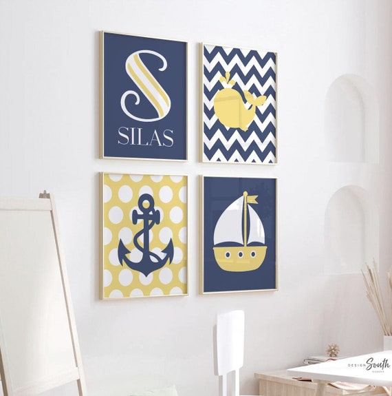 Navy yellow nautical, baby shower, boys gift, wall decor navy yellow, kids bathroom yellow navy, nautical art, gift for boy, ocean theme art