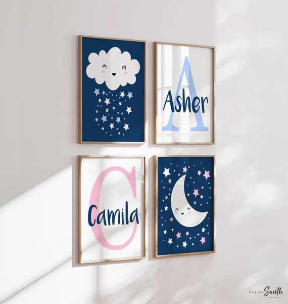 Twin Nursery Art Prints: Moon, Stars, Cloud Decor (Set of 4)