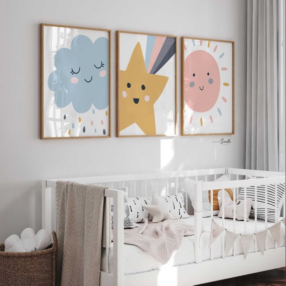 Gender neutral nursery decor, sun print for boys or girls, yellow star sun cloud prints, unisex shared playroom kid wall art, nursery ideas