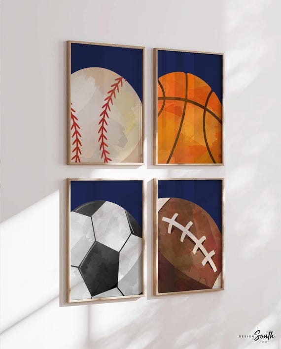 Set of 4 sports balls navy blue wall print, sports baby nursery or little boy's room, all sports sporty gift baby shower, toddler sports art