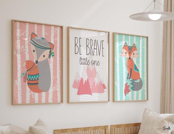 Girl fox, pink coral and mint woodland, girl tribal nursery, baby girl woodland, fox nursery prints, fox wall art, fox nursery decor, boho