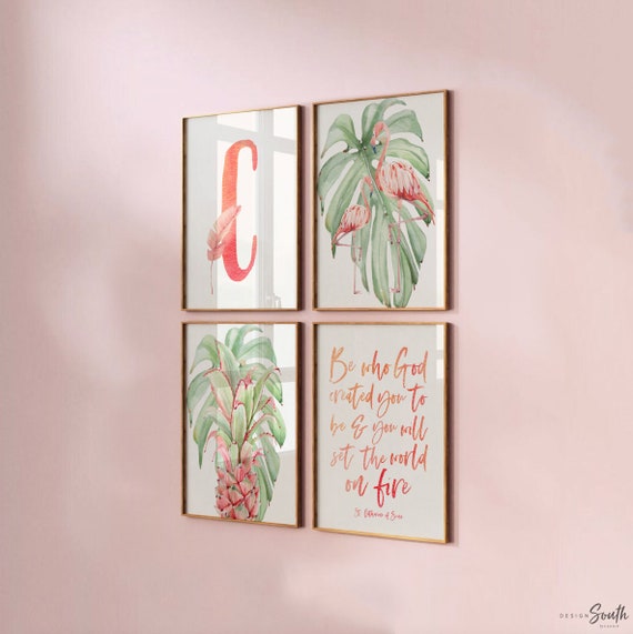 Be who God created you to be and you will set the world on fire St. Catherine of Siena quote art print, flamingo pineapple tropical nursery
