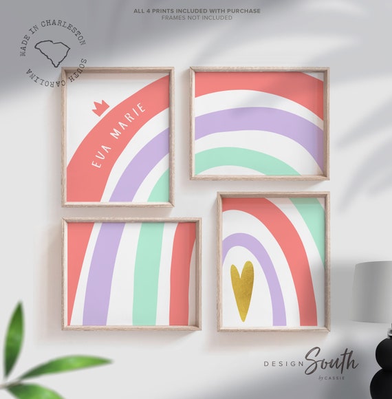 Coral mint gold lavender girl room art, coral mint gold nursery, baby girl wall art theme coral mint rainbow, personalized name gift girl