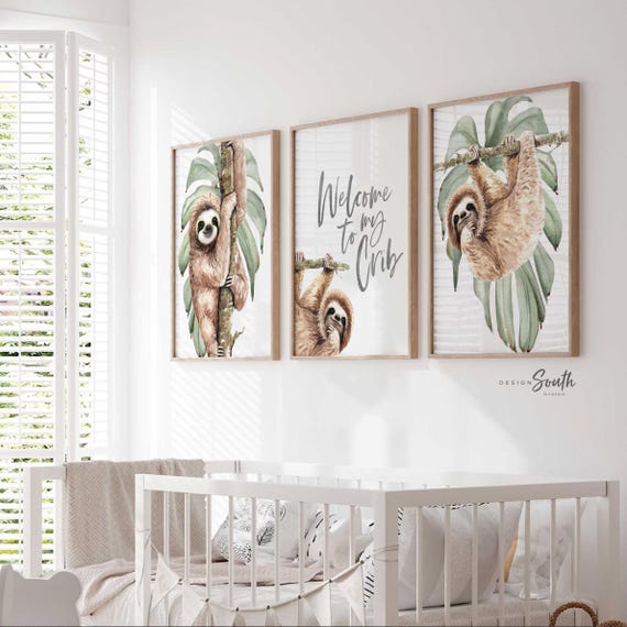 Sloth wall art set, sloth themed baby nursery, sloth nursery ideas, sloth tropical rainforest room decor, neutral sloth green gray newborn