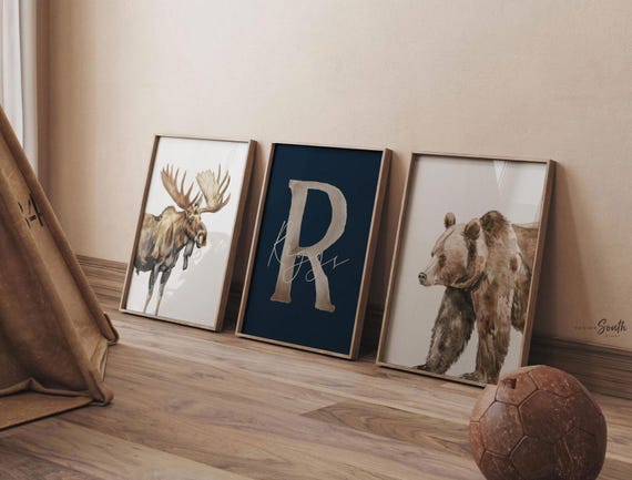 Personalized Woodland Nursery Art: Watercolor Moose and Bear Prints (Set of 3)