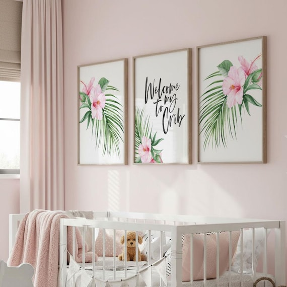 Tropical Nursery Art Prints: Hibiscus Flower, Palm Decor Set