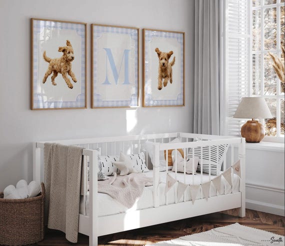 Golden Doodle Nursery Wall Art Set of 3, Personalized Initial, Blue Gingham Puppy Prints, Boys Bedroom Decor, Baby Shower Gift