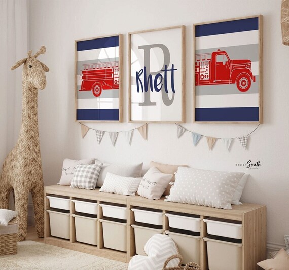 Personalized firetruck nursery decor, fireman nursery wall art, little firefighter wall art, rescue truck kids, firefighter theme boy gift