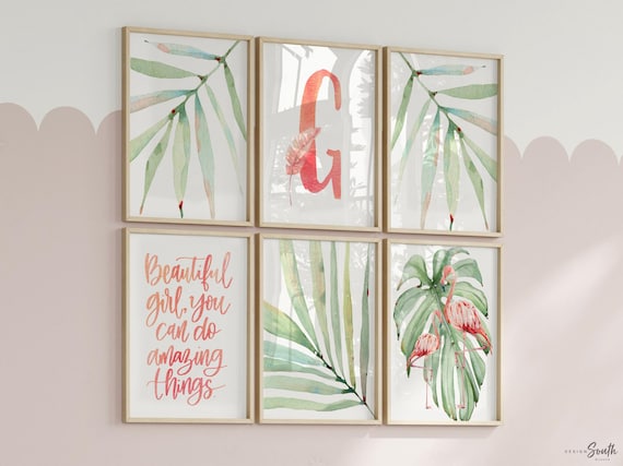 Girls nursery decor, tropical leaf flamingo decor, girls nursery tropical theme, girls bedroom theme, pink tropics nursery flamingo baby art