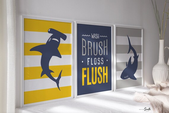 Yellow nautical shark decor, nautical theme boy bathroom, bathroom decor yellow blue, shark decor, shark art, boys sharks, yellow shark boys