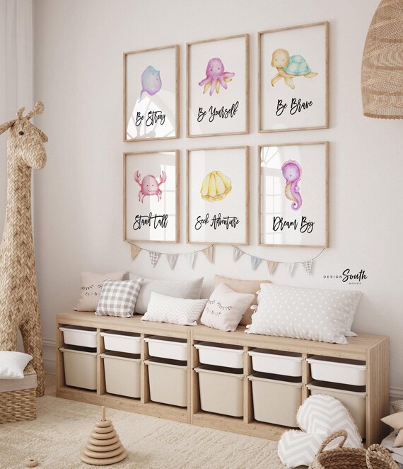 Cute sea animals collection, ocean themed kids room art, nautical themed kids room decor, crab seahorse sea turtle stingray seashell octopus