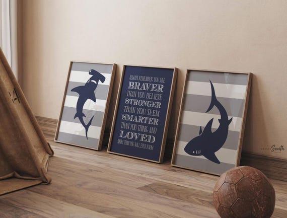 Boys navy blue and gray shark room decor, boys wall art, big boy bedroom, boys shark bedroom, quote for boy, shark nursery, shark decor kids