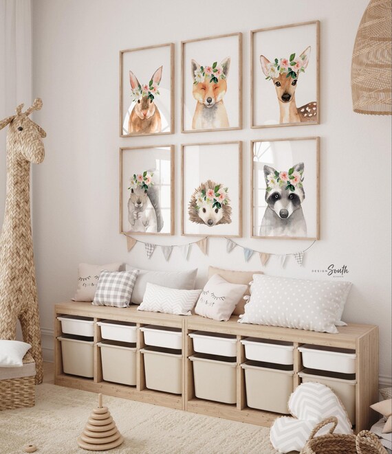 Woodland baby animals set of 6, wall decor girl bedroom, nursery wall art decor animals flower crowns, baby shower gift for girl animals