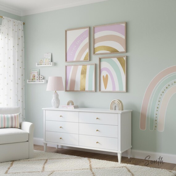 Gold Foil Rainbow Print Set: Personalized Girl's Name, Modern Nursery Decor