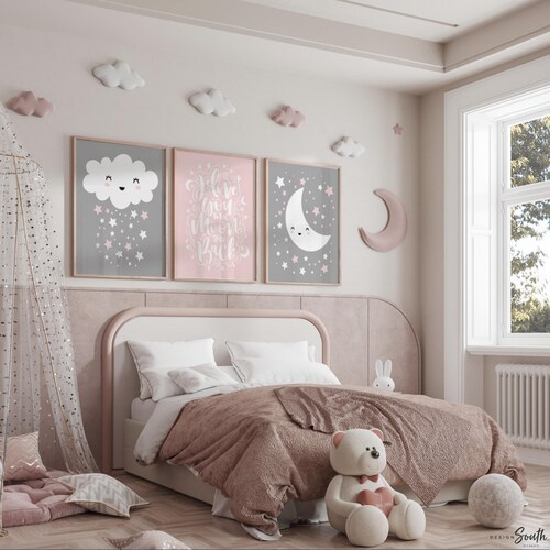 Pink & Gray Nursery Art: Moon, Stars, Cloud Prints
