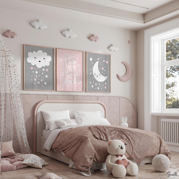 Pink & Gray Nursery Art: Moon, Stars, Cloud Prints